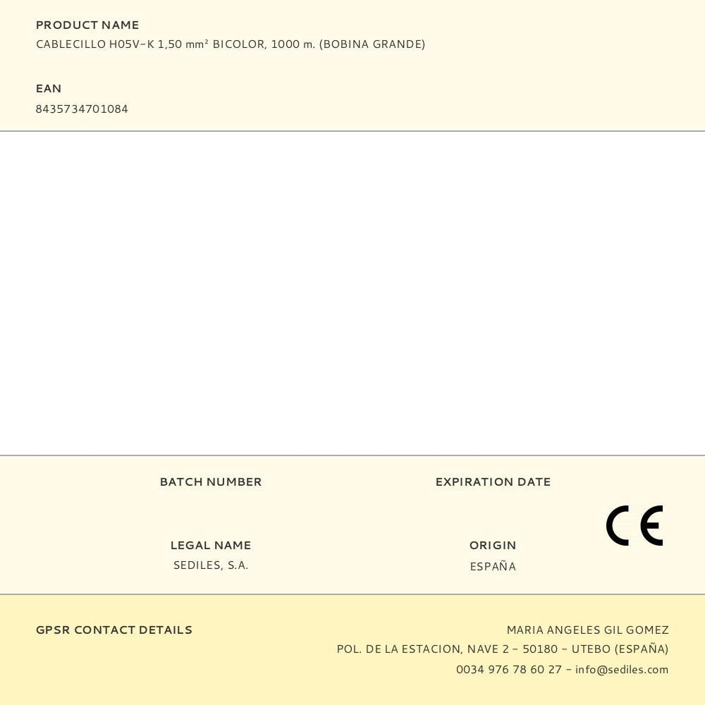 Cablecillo h05v-k 1,50 mm² bicolor, 1000 m. (bobina grande)