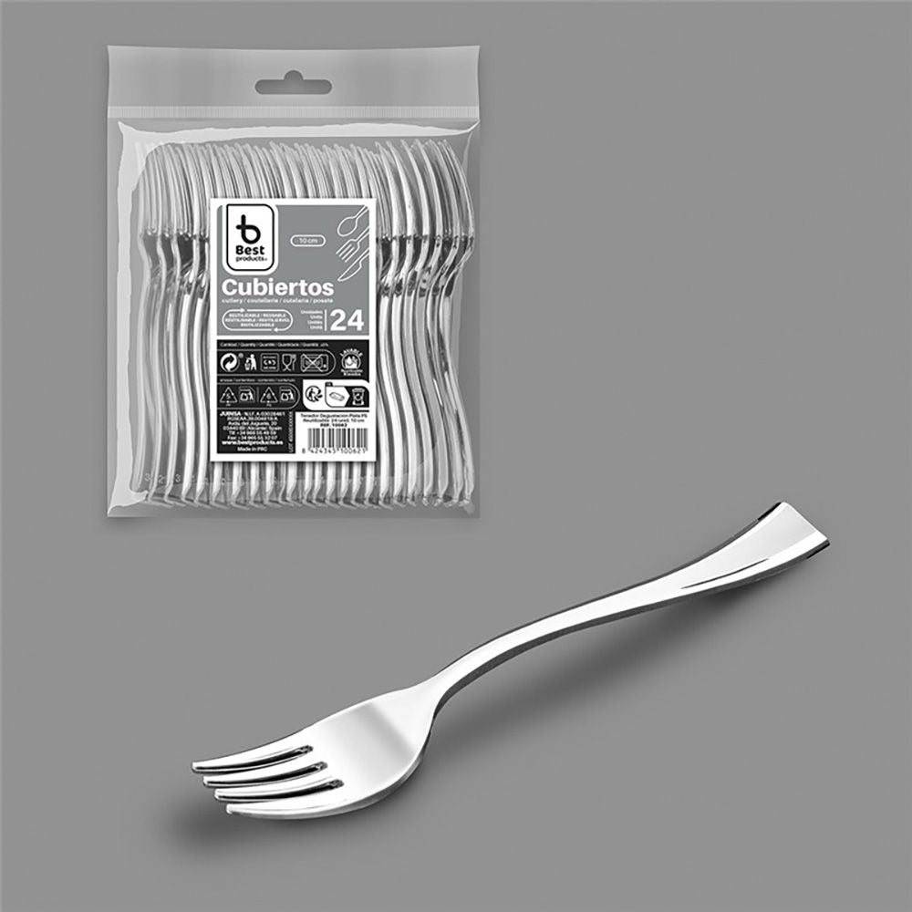 Tenedor degustación reutilizable color plata 10 cm, 24 uds