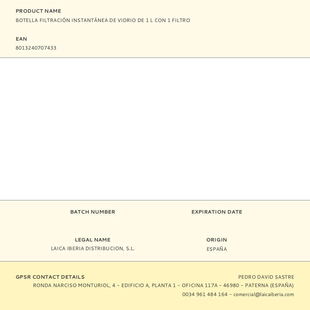 Botella filtración instantánea de vidrio de 1 l con 1 filtro