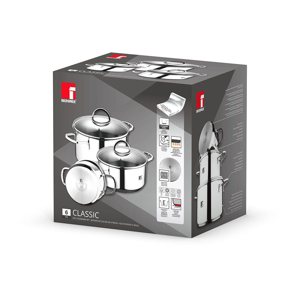 Batería 6 piezas de acero inoxidable para inducción - cazuela con tapa ø16 cm / cazuela con tapa ø18 cm / cazuela con tapa ø20 cm