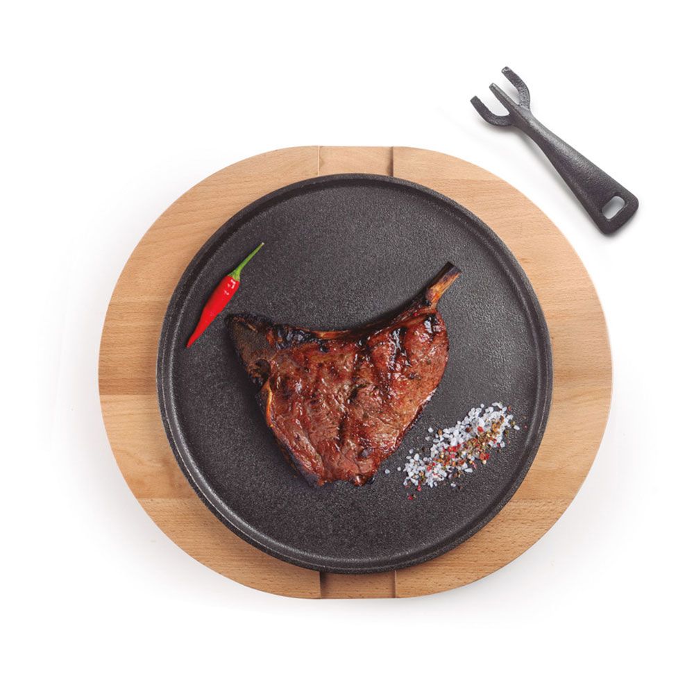 Plato hierro fundido ø26 cm + base madera de haya 34 x 30 x 2,5 cm