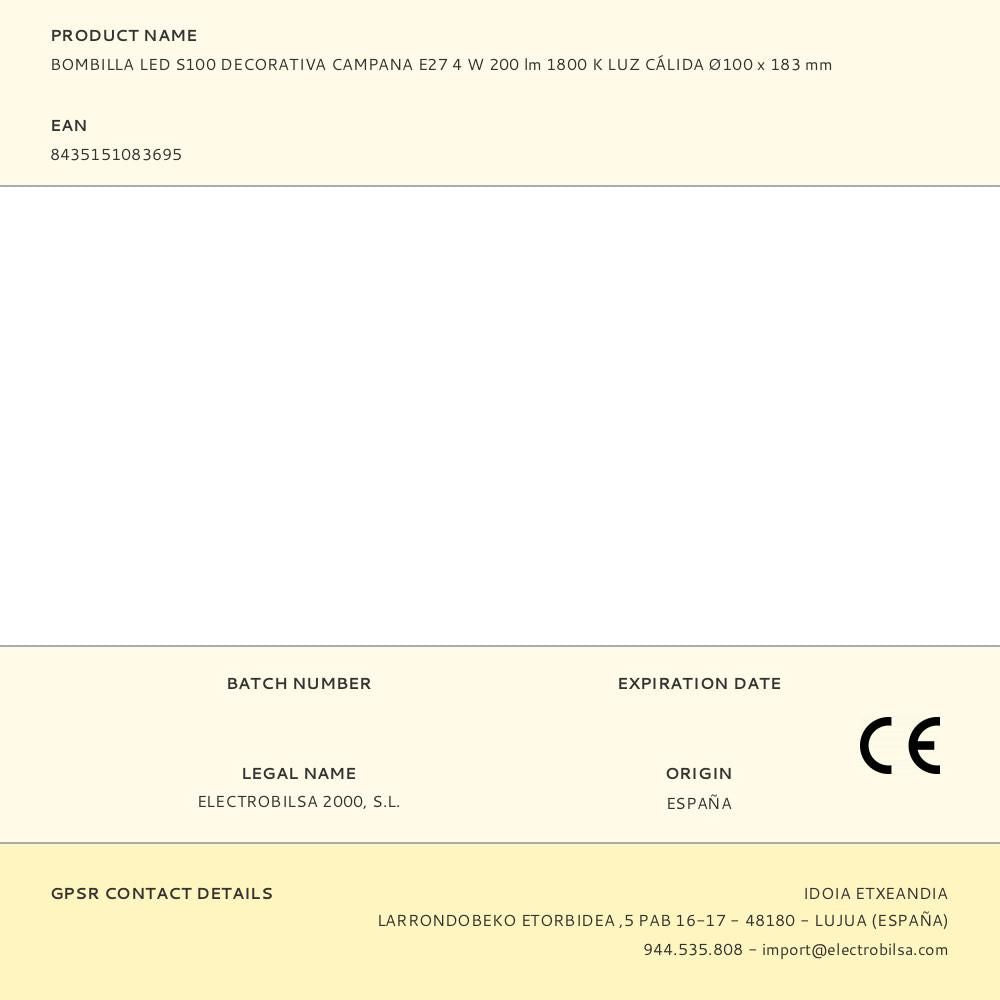 Bombilla led s100 decorativa campana e27 4 w 200 lm 1800 k luz cálida ø96 x 183 mm