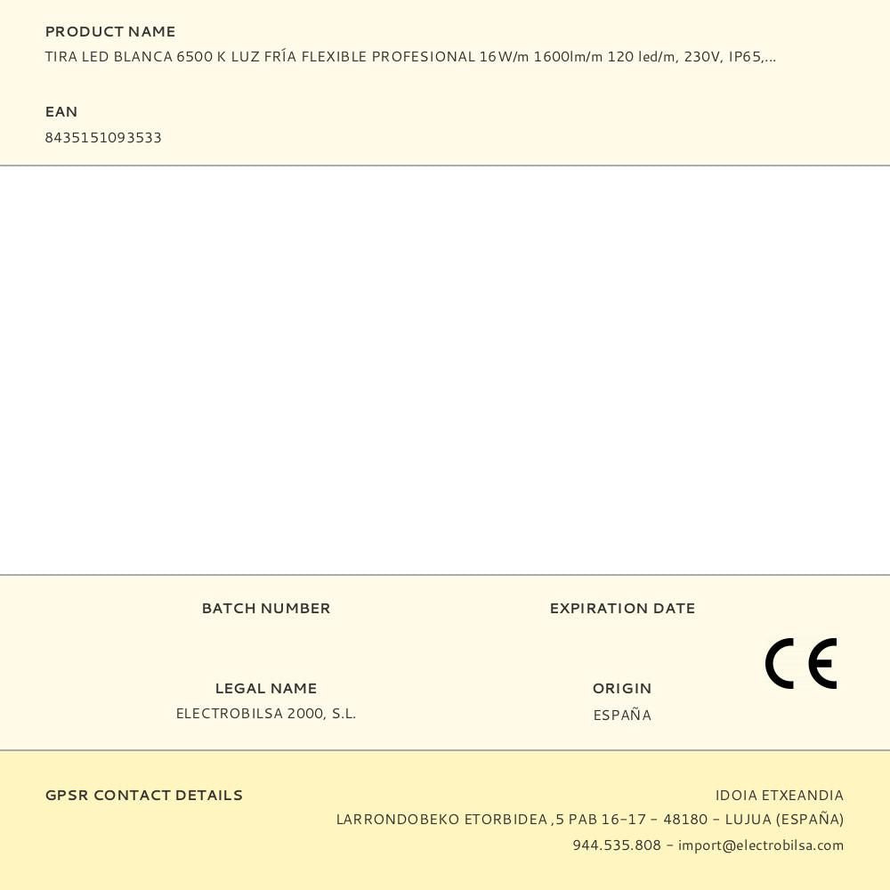 Tira led blanca 6500 k luz fría flexible profesional 16 w/m 1600 lm/m 120 led/m, 230 v, ip65, rollo 50 m x 10 x 2,5 mm