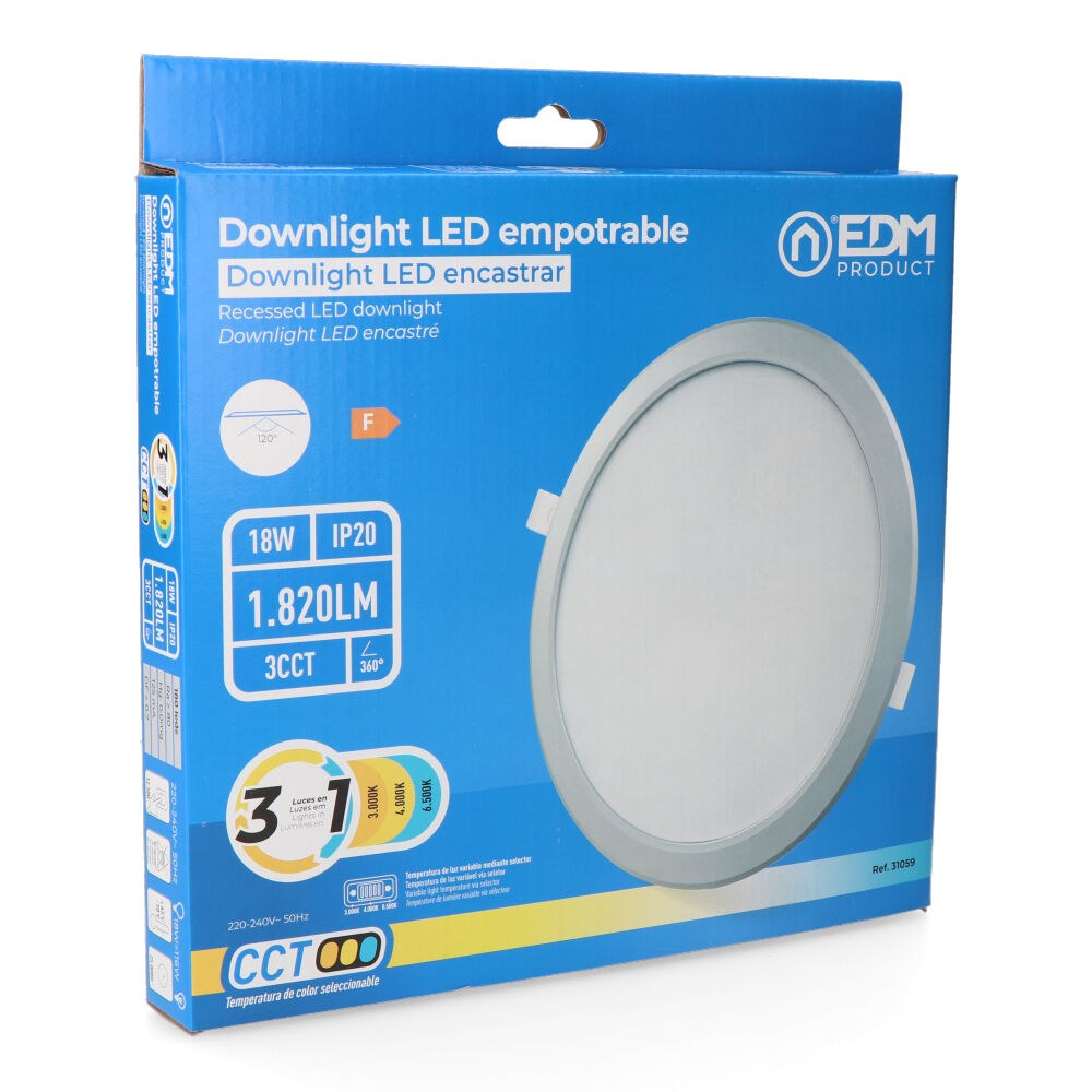 Downlight led empotrable, redondo, 18 w, 3cct, 1820 lm, marco aluminio, ø22,3 cm