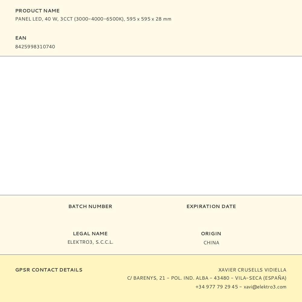 Panel led, 40 w, 3cct (3000-4000-6500 k), 4800 lm, 595 x 595 x 28 mm