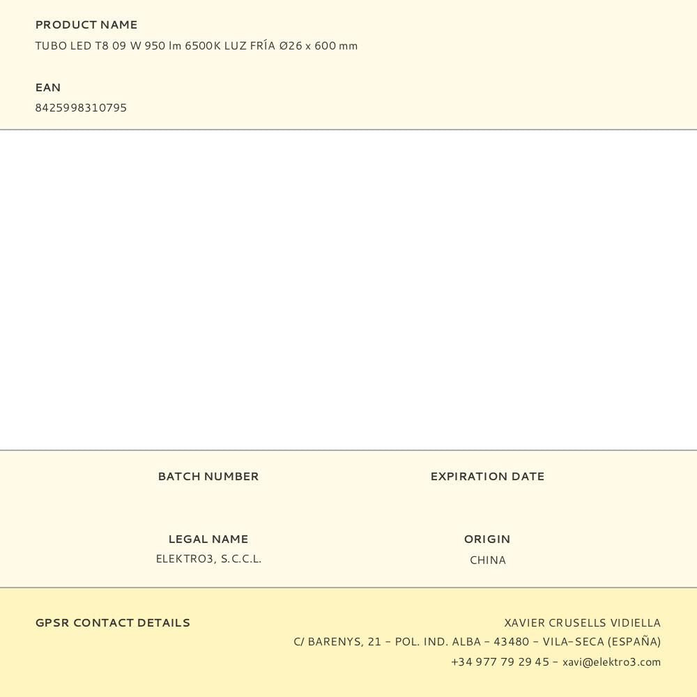 Tubo led t8, 09 w, 990 lm, 6500 k, luz fría, ø26 x 600 mm