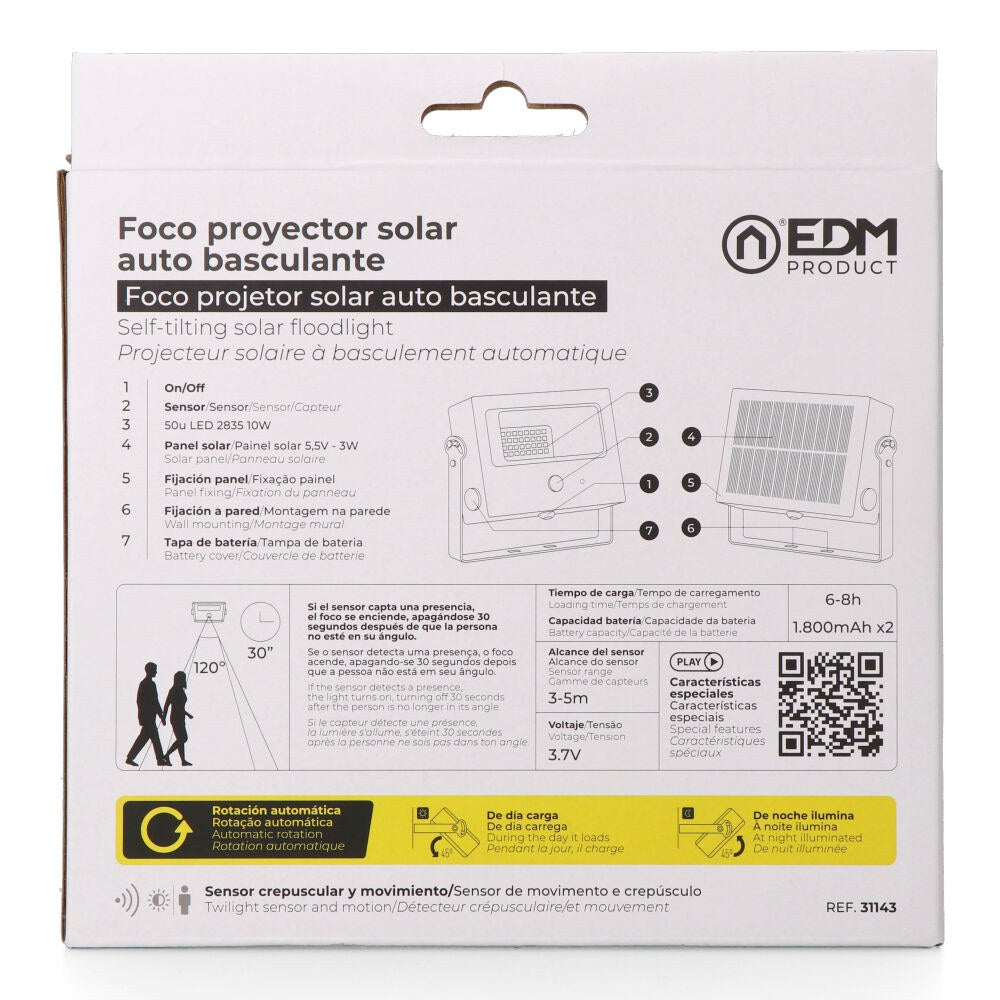 Foco proyector solar auto basculante, 10 w, 1800 lm, 6500 k, con sensor movimiento, negro