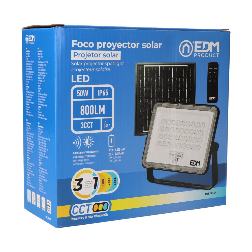 Foco proyector led solar 3cct 50 w 800 lm