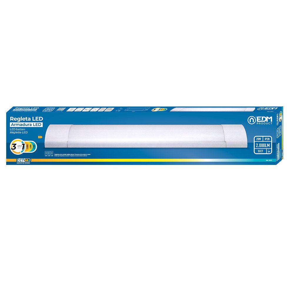Regleta led 25 w 3cct 2000 lm 61,3 x 12 x 3,1 cm