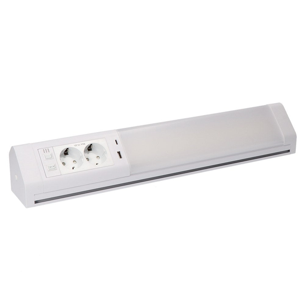 Regleta led 5-10 w 3cct 450-850 lm con enchufes y usb a-c, 518 x 80 x 85 mm