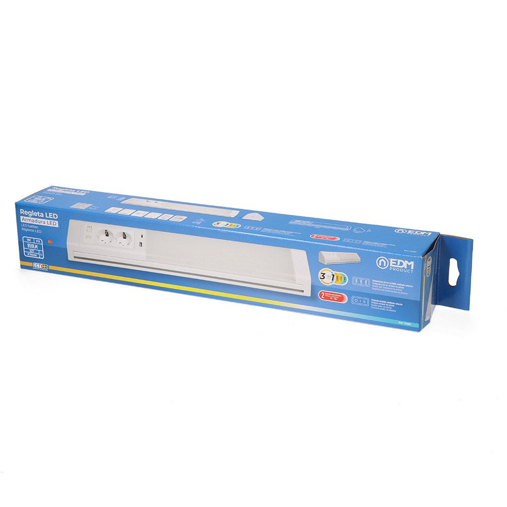 Regleta led 5-10 w 3cct 450-850 lm con enchufes y usb a-c, 518 x 80 x 85 mm