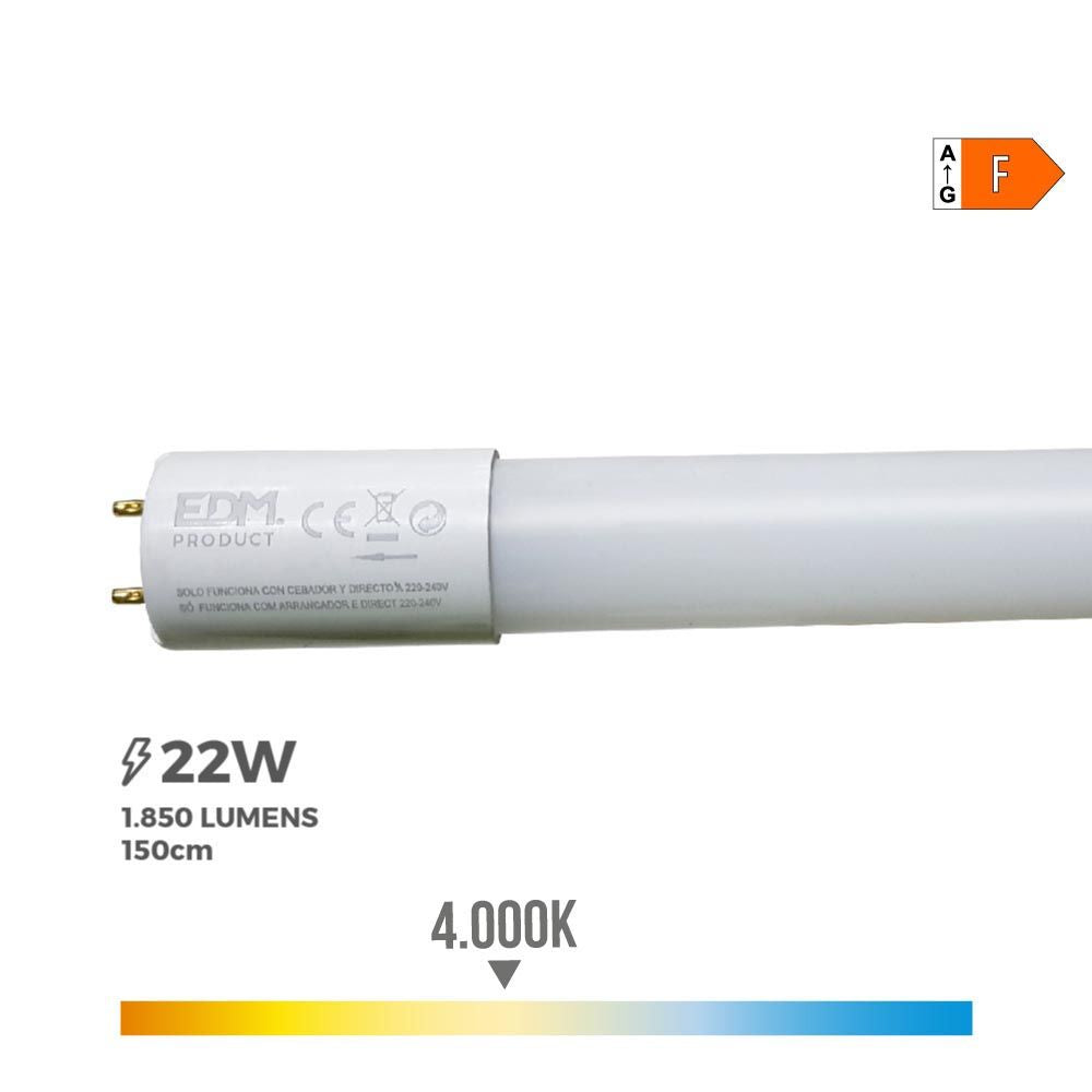 Tubo led t8 22 w 2400 lm 4000 k luz dia (eq.58w) ø2,6 x 150 cm