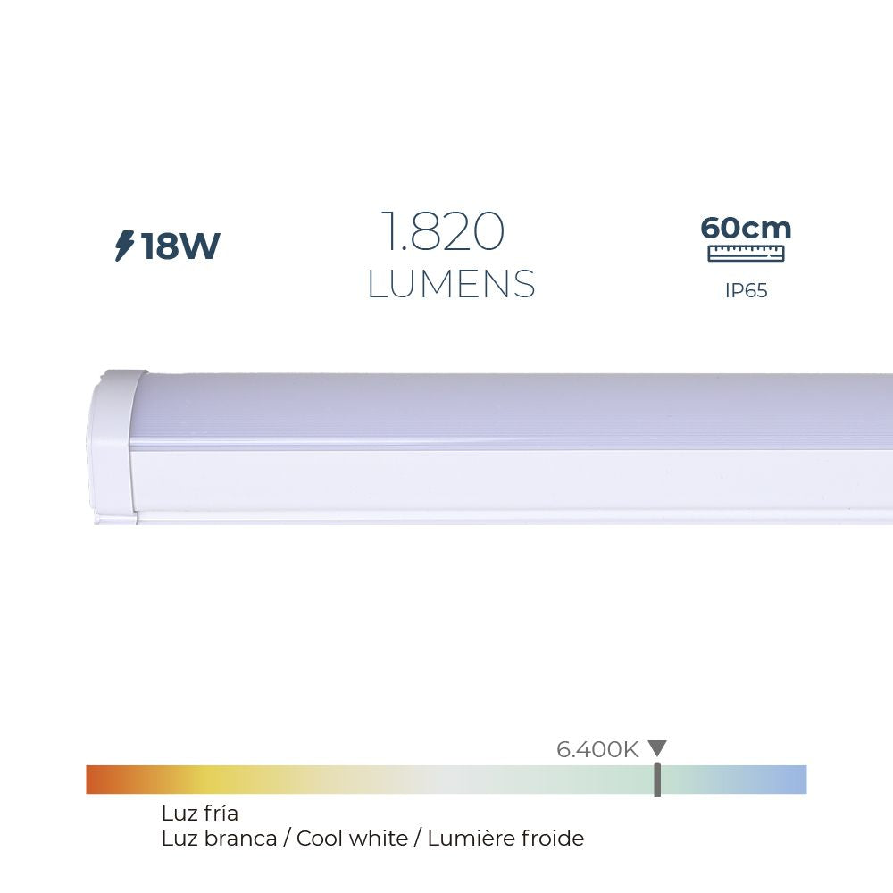 Regleta led 18 w 6.400 k luz fría 1.820 lm 60 x 4,6 x 5,1 cm