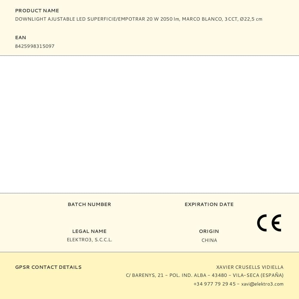 Downlight ajustable led superficie/empotrar 20 w 2050 lm, marco blanco, 3cct, ø22,5 cm