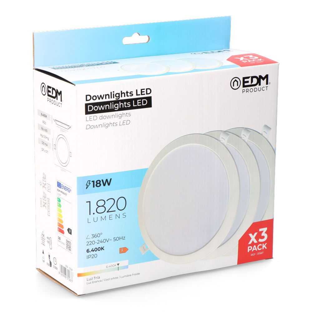 Pack 3 downlights led 18 w luz fría 6400 k