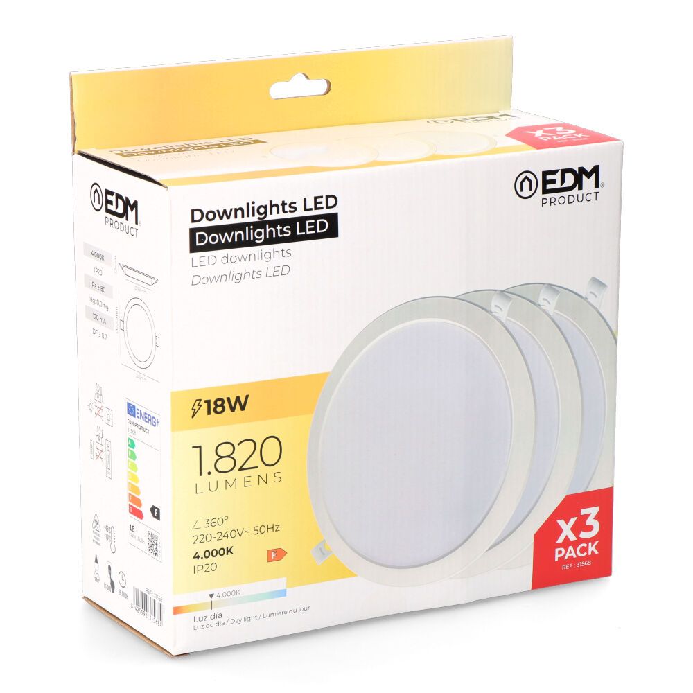 Pack 3 downlights led 18w luz día 4000 k