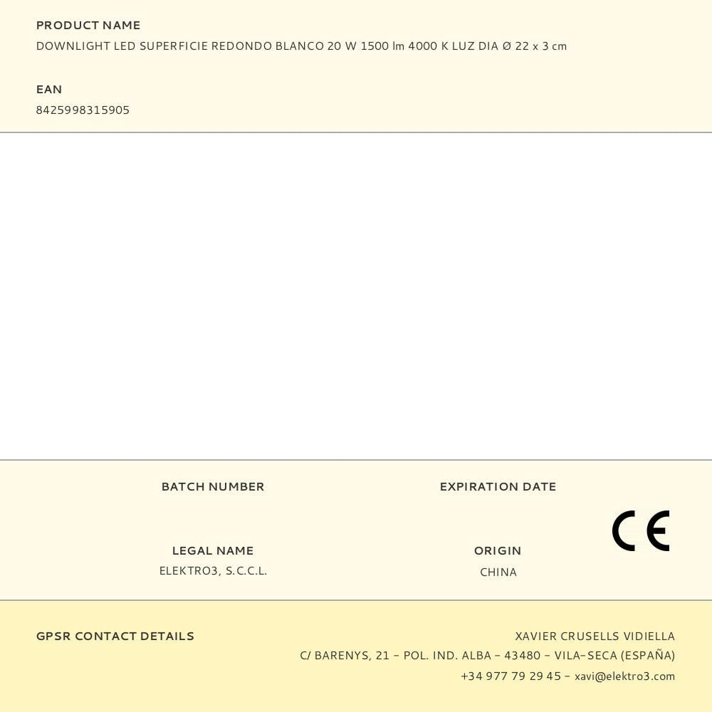 Downlight led superficie redondo blanco 20 w 1500 lm 4000 k luz dia ø 22 x 3 cm