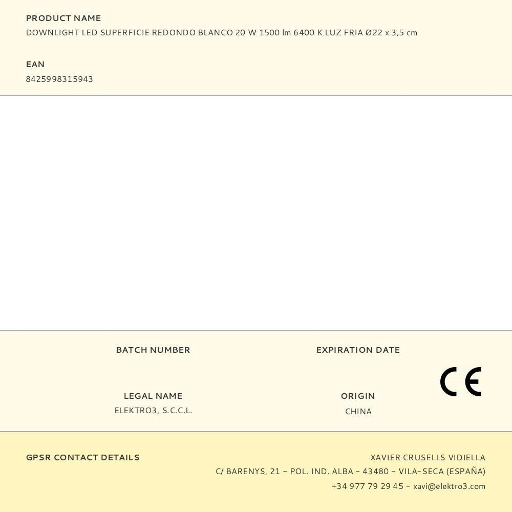Downlight led superficie redondo blanco 20 w 1500 lm 6400 k luz fria ø22 x 3,5 cm