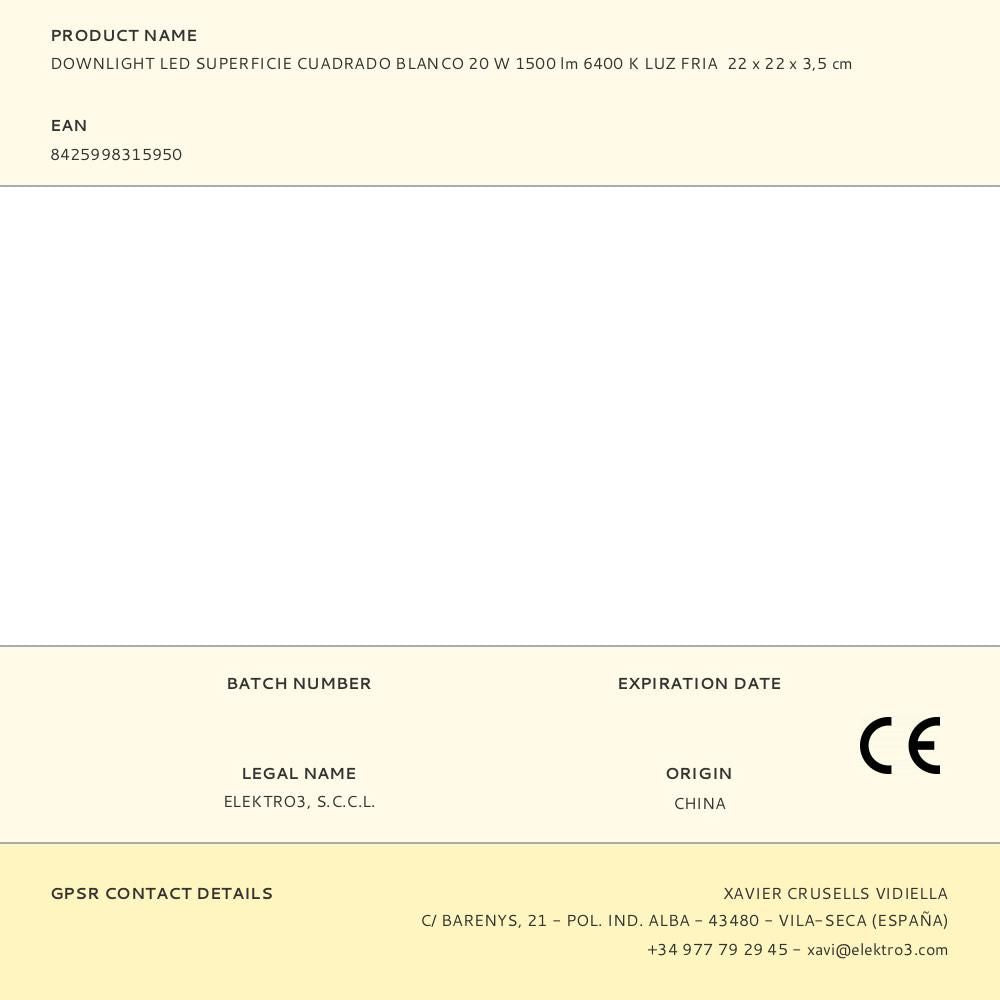 Downlight led superficie cuadrado blanco 20 w 1500 lm 6400 k luz fria 22 x 22 x 3,5 cm