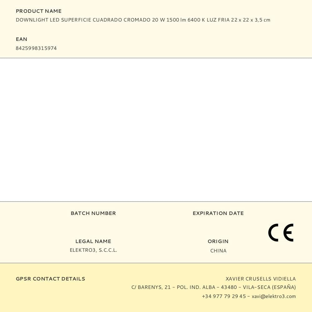 Downlight led superficie cuadrado cromado 20 w 1500 lm 6400 k luz fria 22 x 22 x 3,5 cm