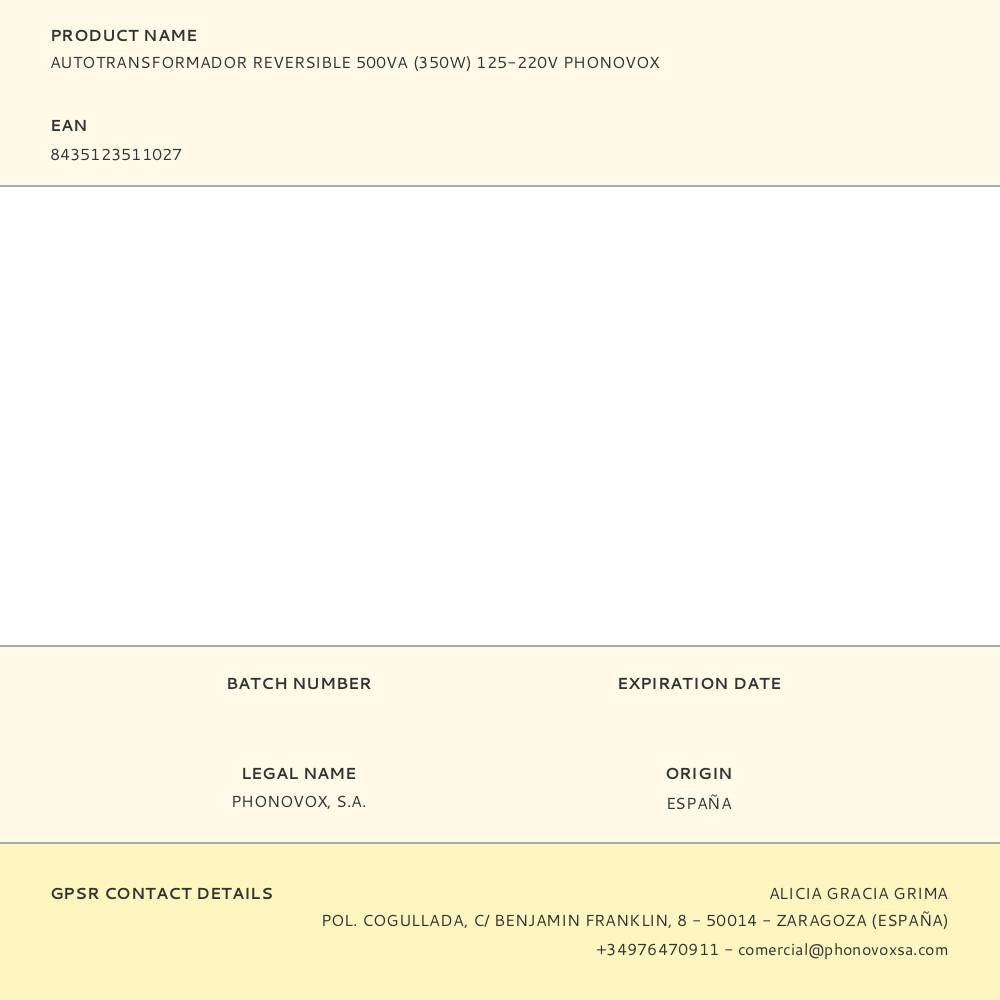 Autotransformador reversible 500va (350w) 125-220v phonovox
