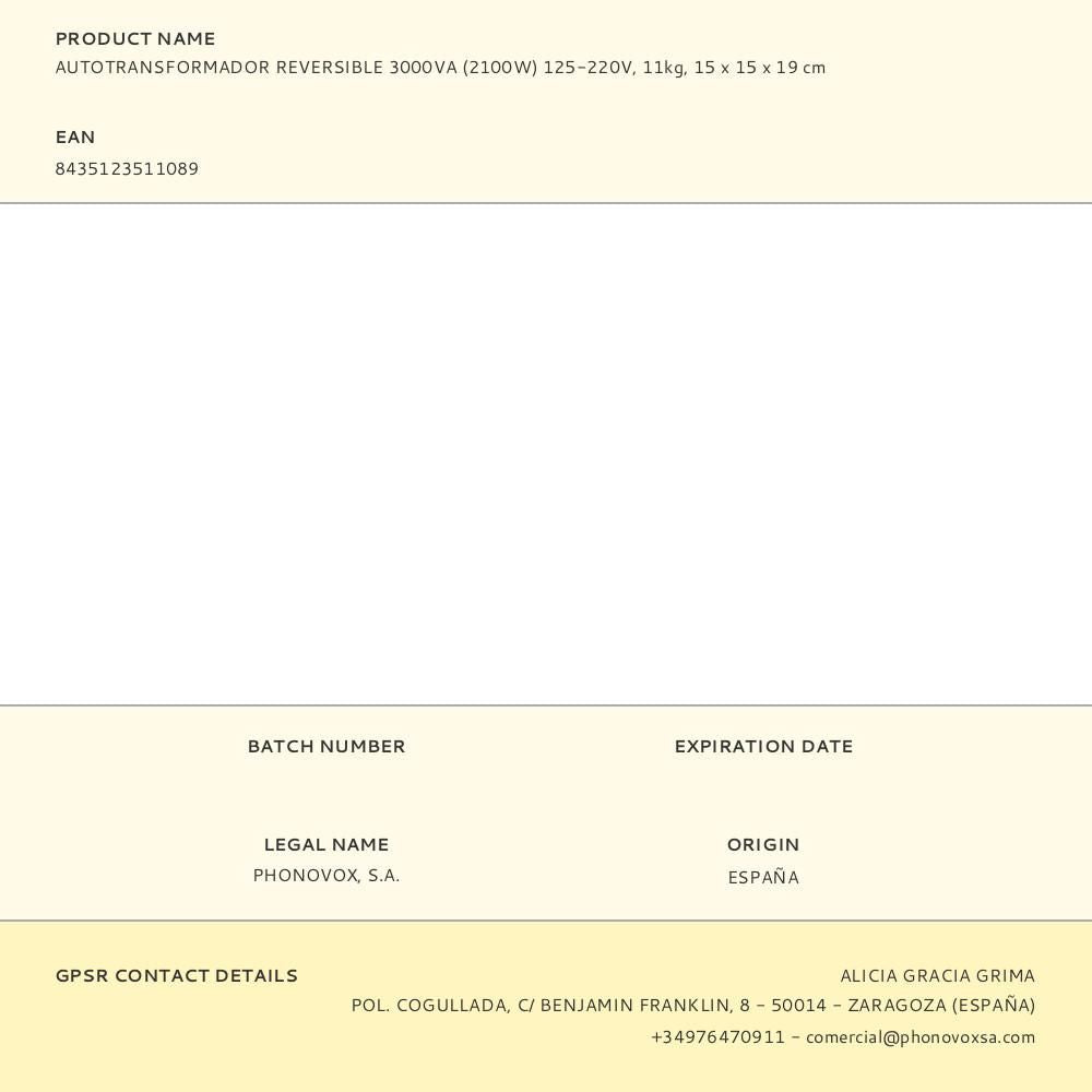 Autotransformador reversible 3000va (2100w) 125-220v, 11kg, 15 x 15 x 19 cm