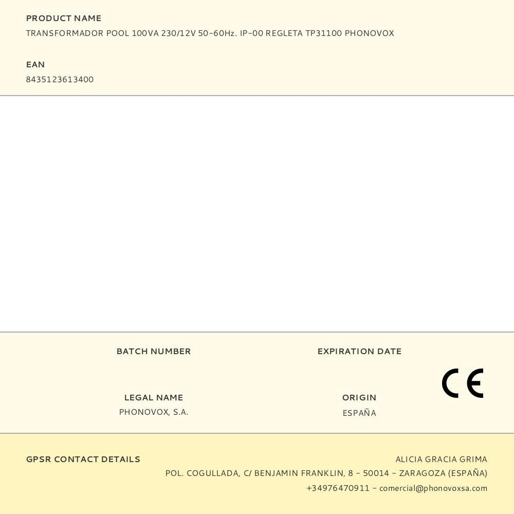 Transformador pool 100va 230/12v 50-60hz. ip-00 regleta tp31100