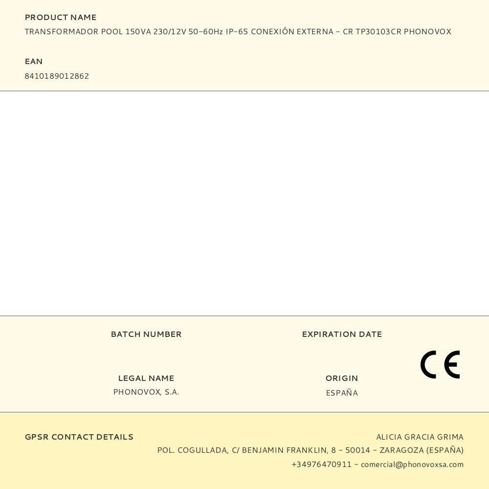 Transformador pool 150va 230/12v 50-60hz ip-65 conexión externa - cr tp30103cr
