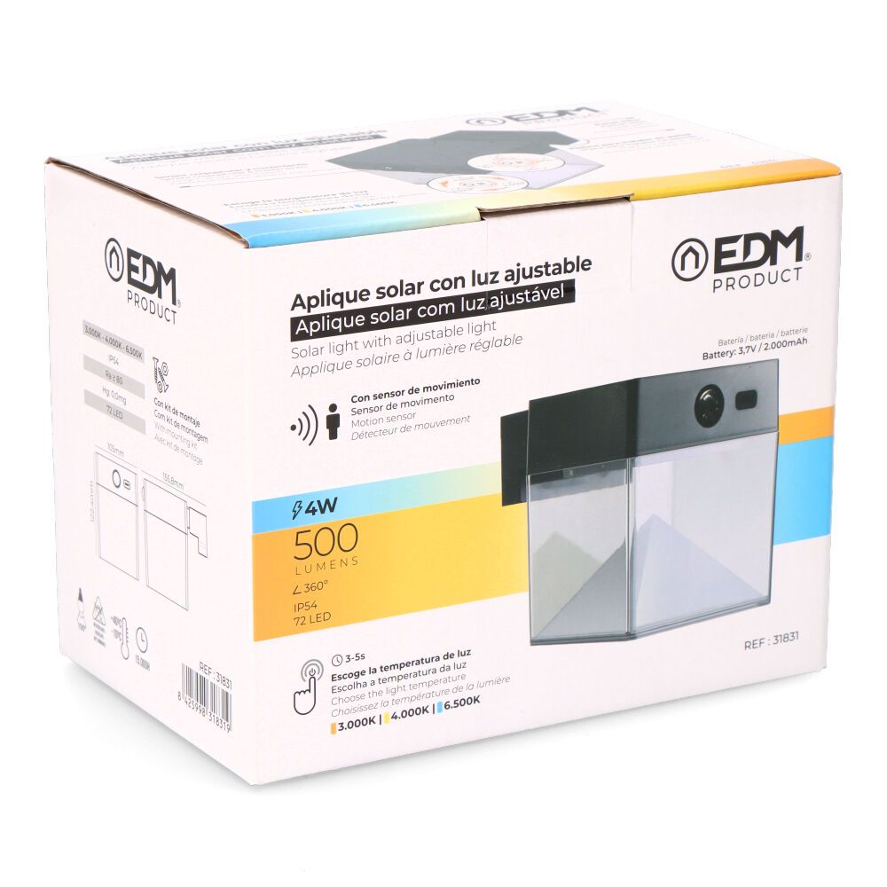 Aplique solar cuadrado 4 w 500 lm, 3.000/4.000/6.500 k, 3cct, con sensor, negro