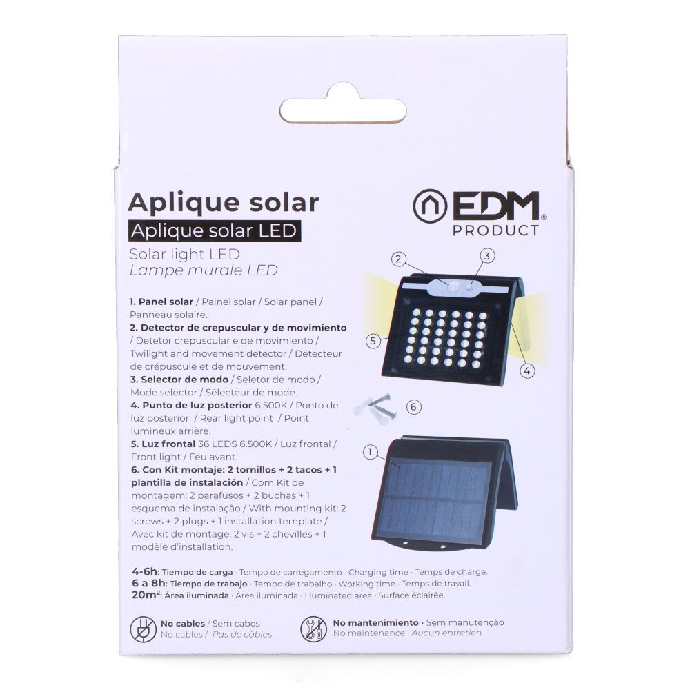 Aplique solar con sensor color negro, 2 w