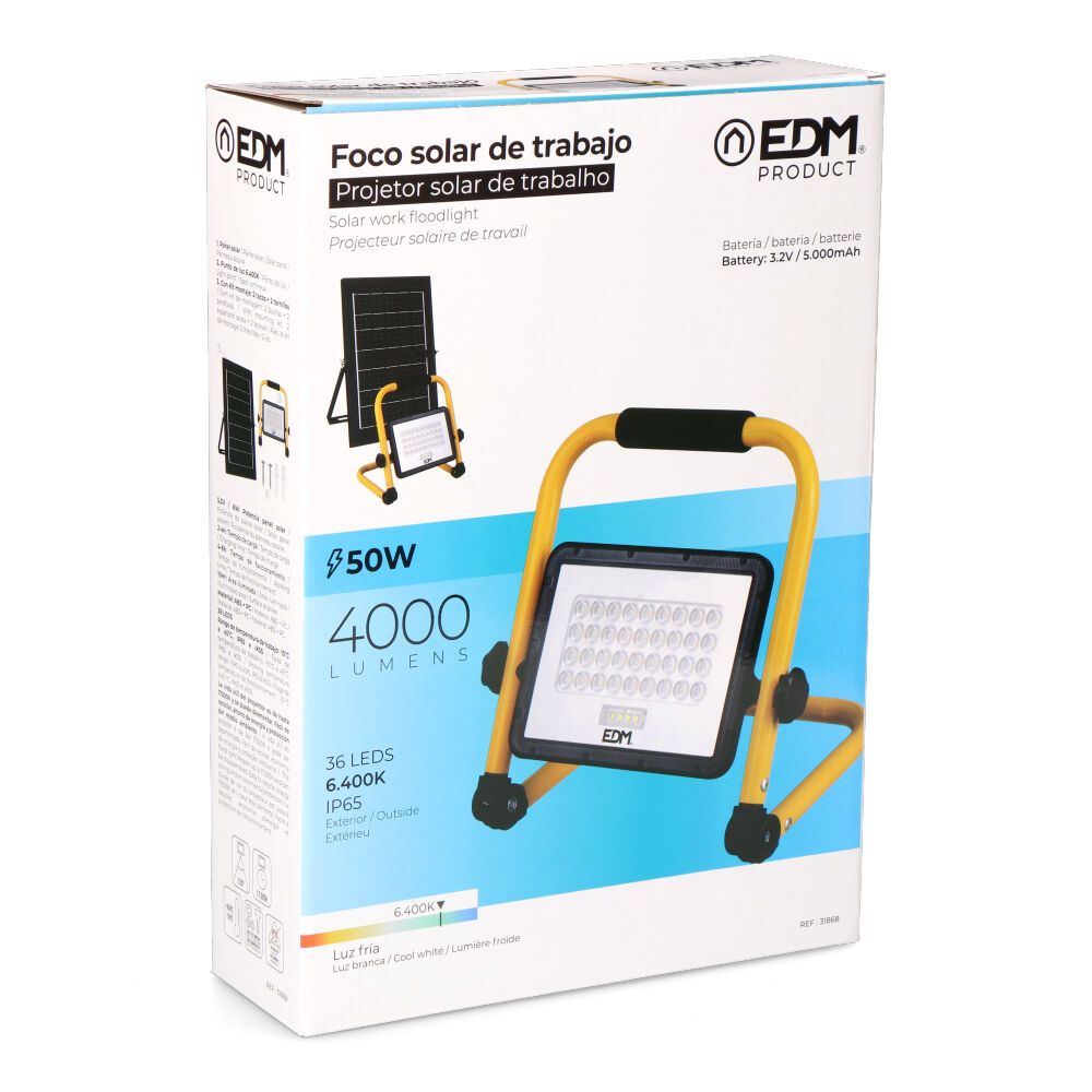 Foco proyector led solar de trabajo + panel solar - 4000 lm, 6.400 k, luz fría, ip65