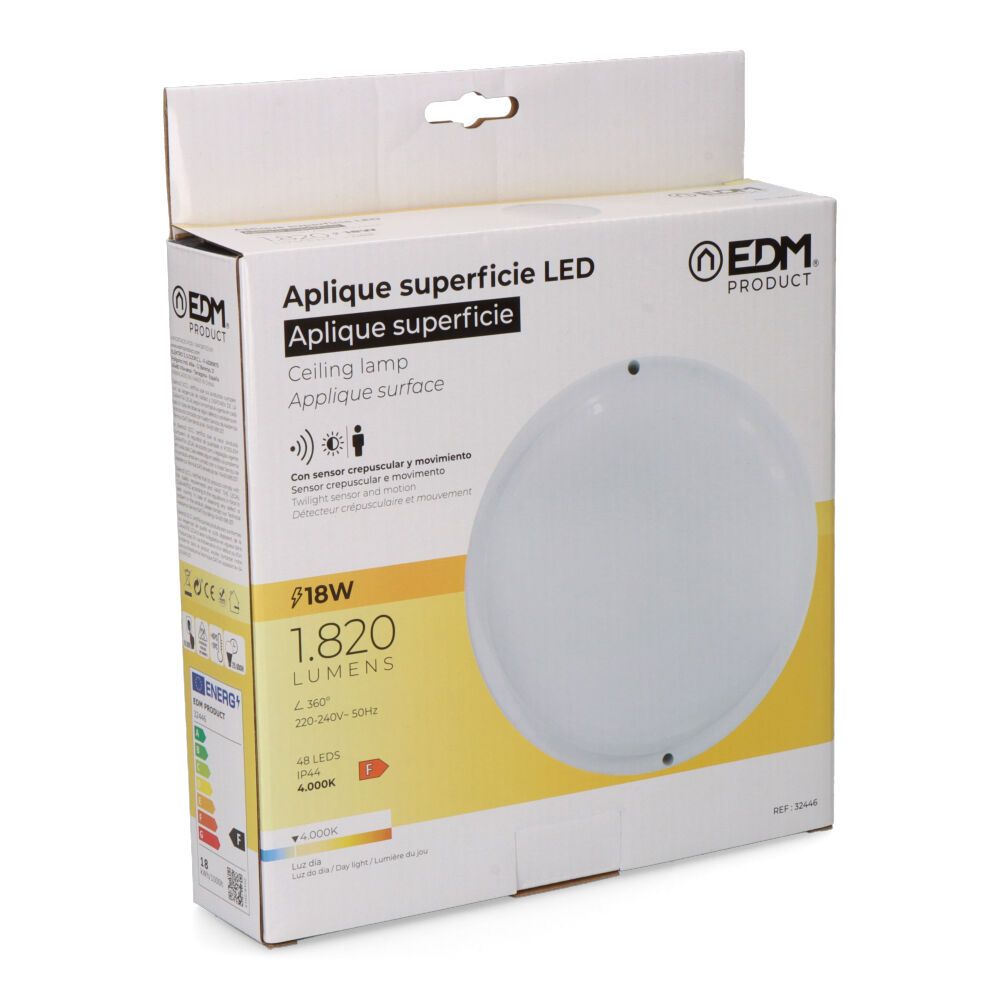 Aplique led redondo con sensor crepuscular y de movimiento 18w 1820 lm 4.000 k luz día ø20,8 x 4,8 cm