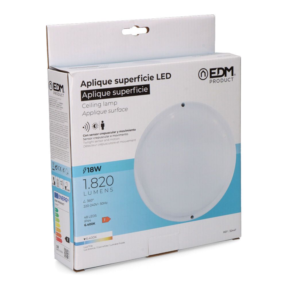 Aplique led redondo con sensor crepuscular y de movimiento 18 w 1820 lm 6.400 k luz fría 23 x 10,2 x 4,5 cm