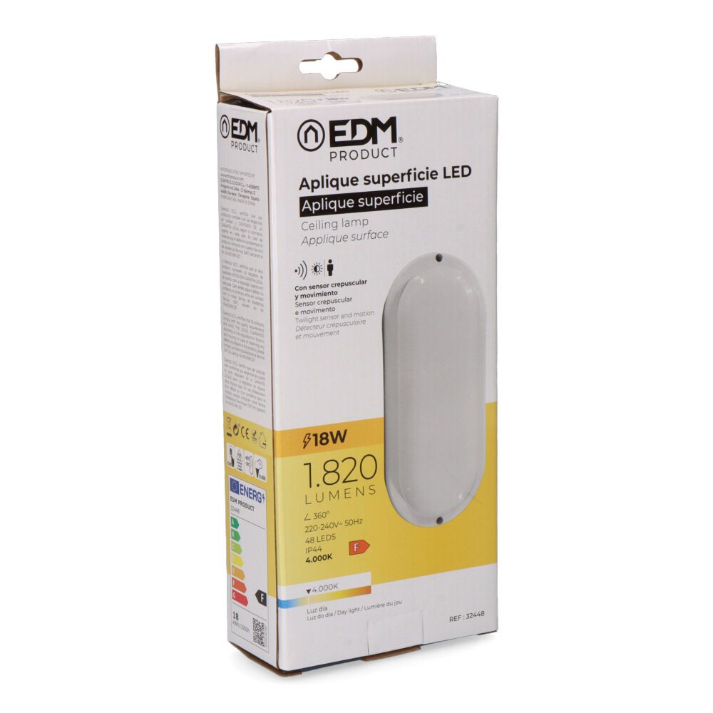 Aplique led oval con sensor crepuscular y de movimiento 18 w 1820 lm 4.000 k 10,2 x 4,5 x 23 cm