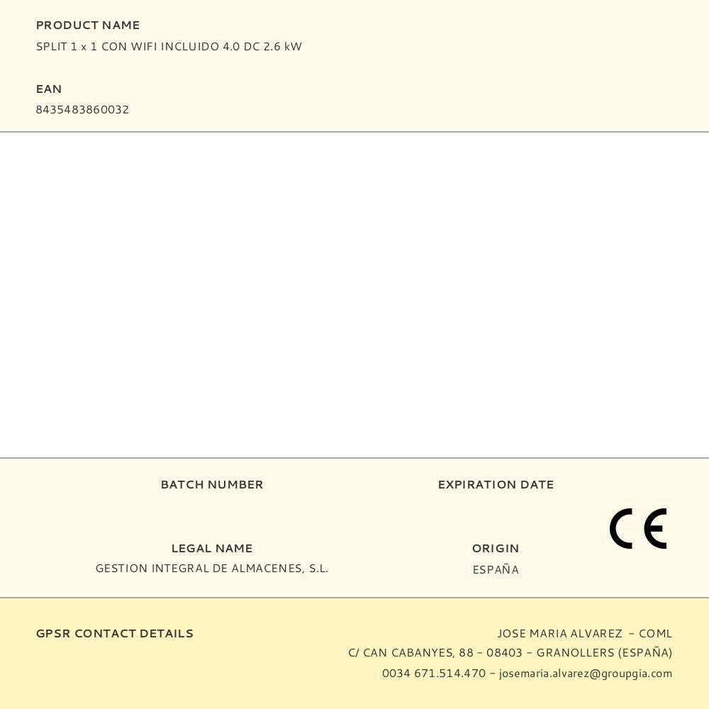 Split 1 x 1 con wifi incluido 4.0 dc 2.6 kw
