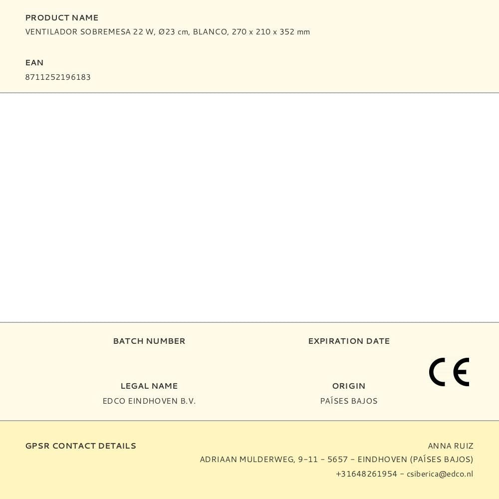 Ventilador de sobremesa blanco 22 w, ø23 cm, 270 x 210 x 352 mm
