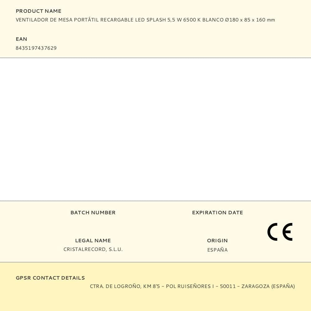 Ventilador de sobremesa recargable blanco led splash 5,5 w, 6500 k, ø180 x 85 x 160 mm
