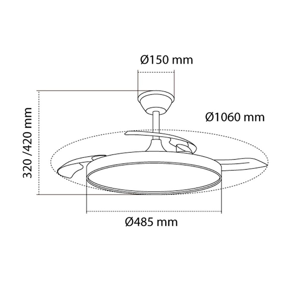 Ventilador de techo led 3cct aspas retráctiles polaris 43 w 4430 lm negro, aspas ø106 cm, plafón ø48,5 cm, altura 32 - 42 cm