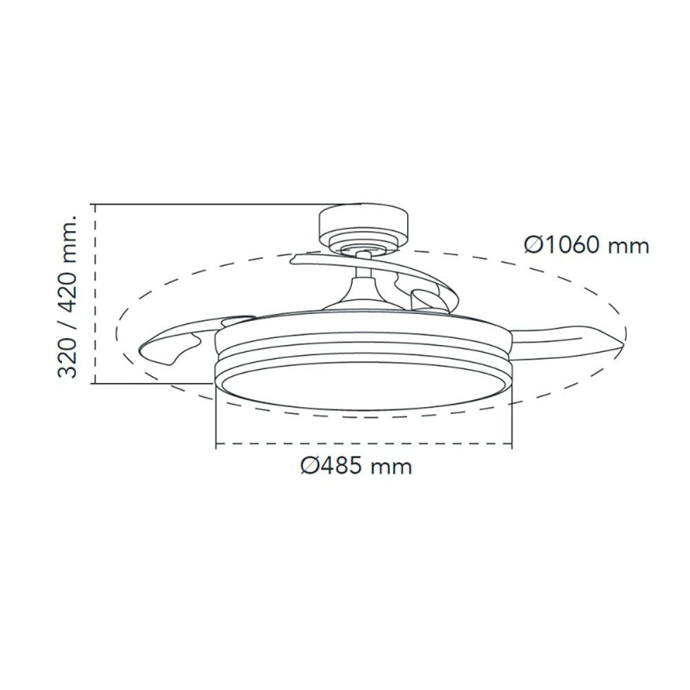 Ventilador de techo led 3cct aspas retráctiles moss 72 w 7920 lm níquel, aspas ø106 cm, plafón ø48,5 cm, altura 32 - 42 cm