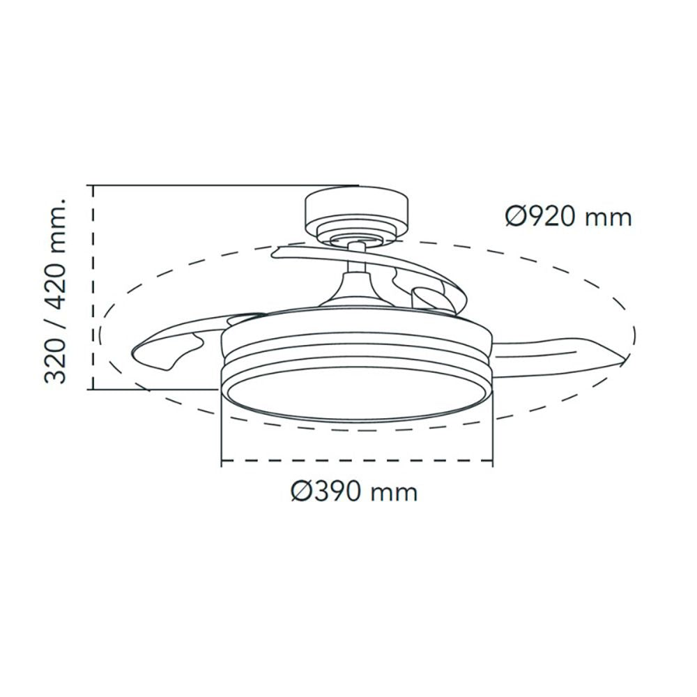 Ventilador de techo led 3cct aspas retráctiles moss mini 46 w 5520 lm níquel, aspas ø92 cm, plafón ø39 cm, altura 32 - 42 cm