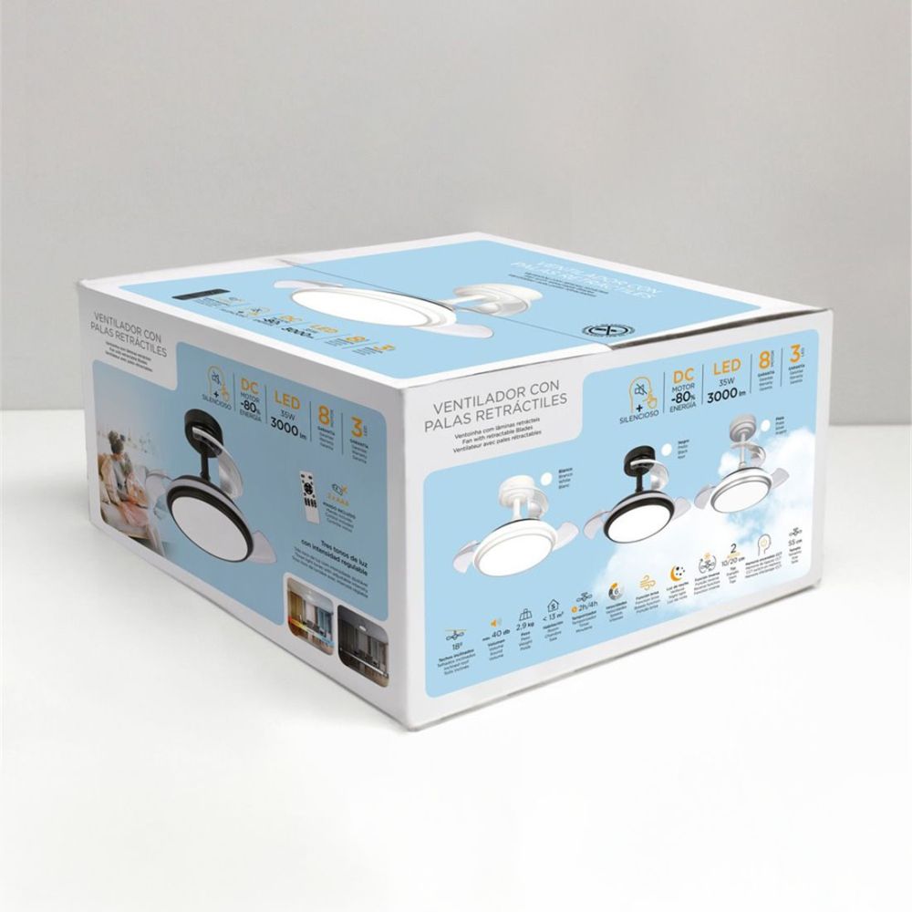 Ventilador de techo led 3cct aspas retráctiles antila mini xs 35 w 3000 lm plata, aspas ø55 cm, plafón ø32 cm, altura 38 - 48 cm