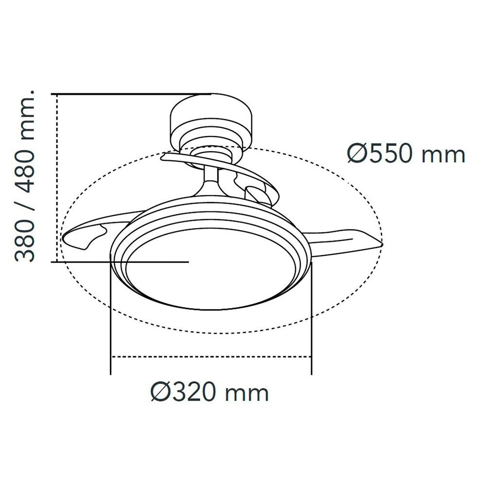 Ventilador de techo led 3cct aspas retráctiles antila mini xs 35 w 3000 lm plata, aspas ø55 cm, plafón ø32 cm, altura 38 - 48 cm