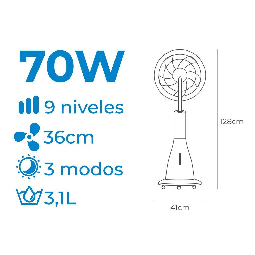 Ventilador nebulizador recargable 70w, 41 x 41 x 128 cm