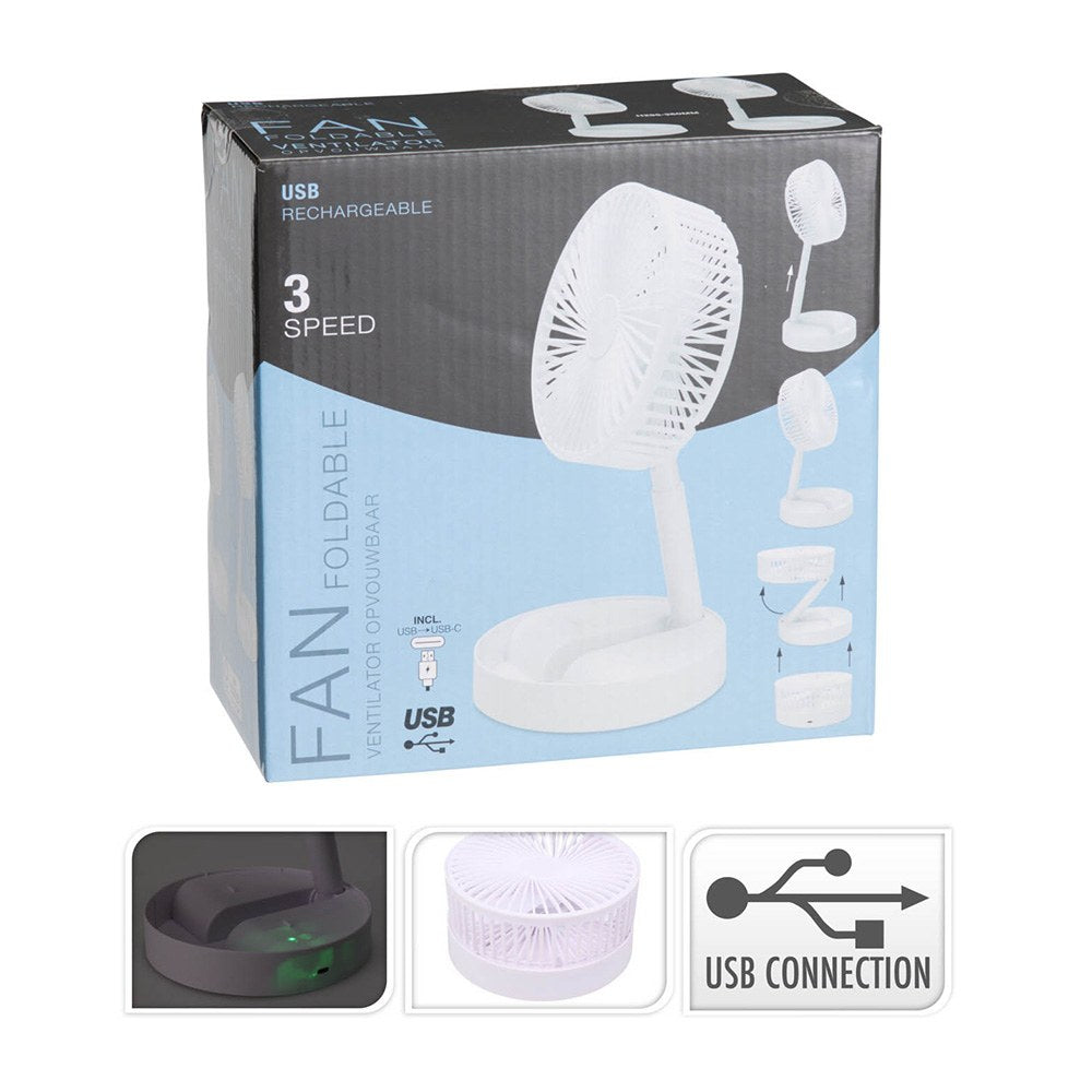Ventilador de sobremesa plegable y recargable blanco, 3 velocidades, ø165 x 360 mm