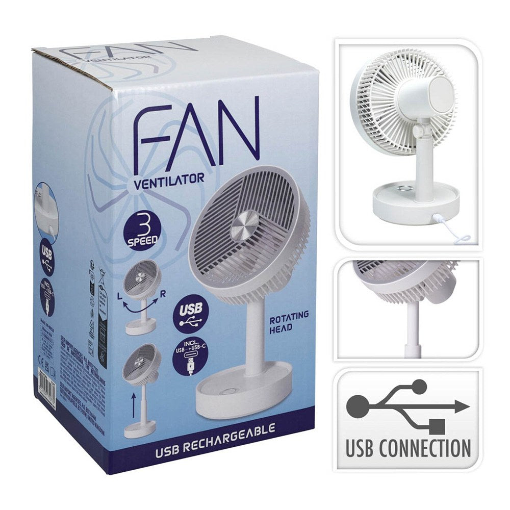 Ventilador de sobremesa recargable blanco y gris, 3 velocidades, ø135 x 270 mm