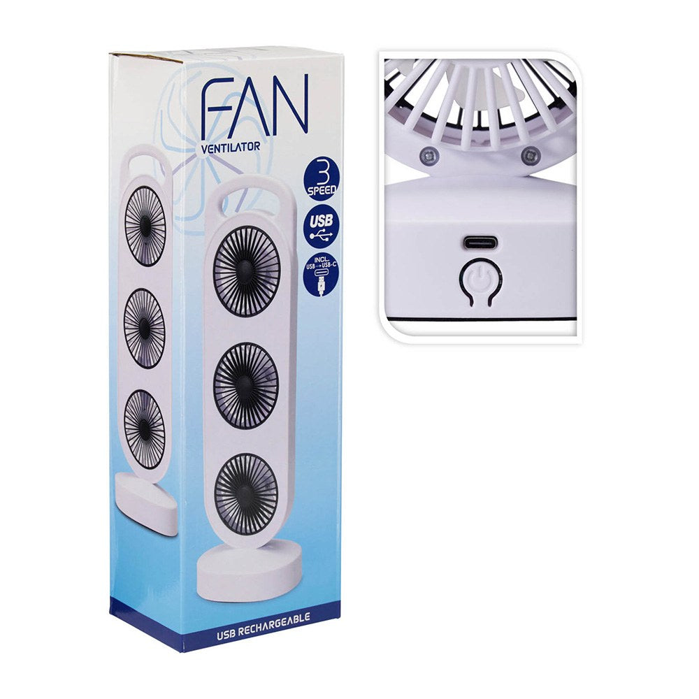 Ventilador de sobremesa recargable blanco y negro, 3 velocidades, 36,5 x 12 x 8,3 cm