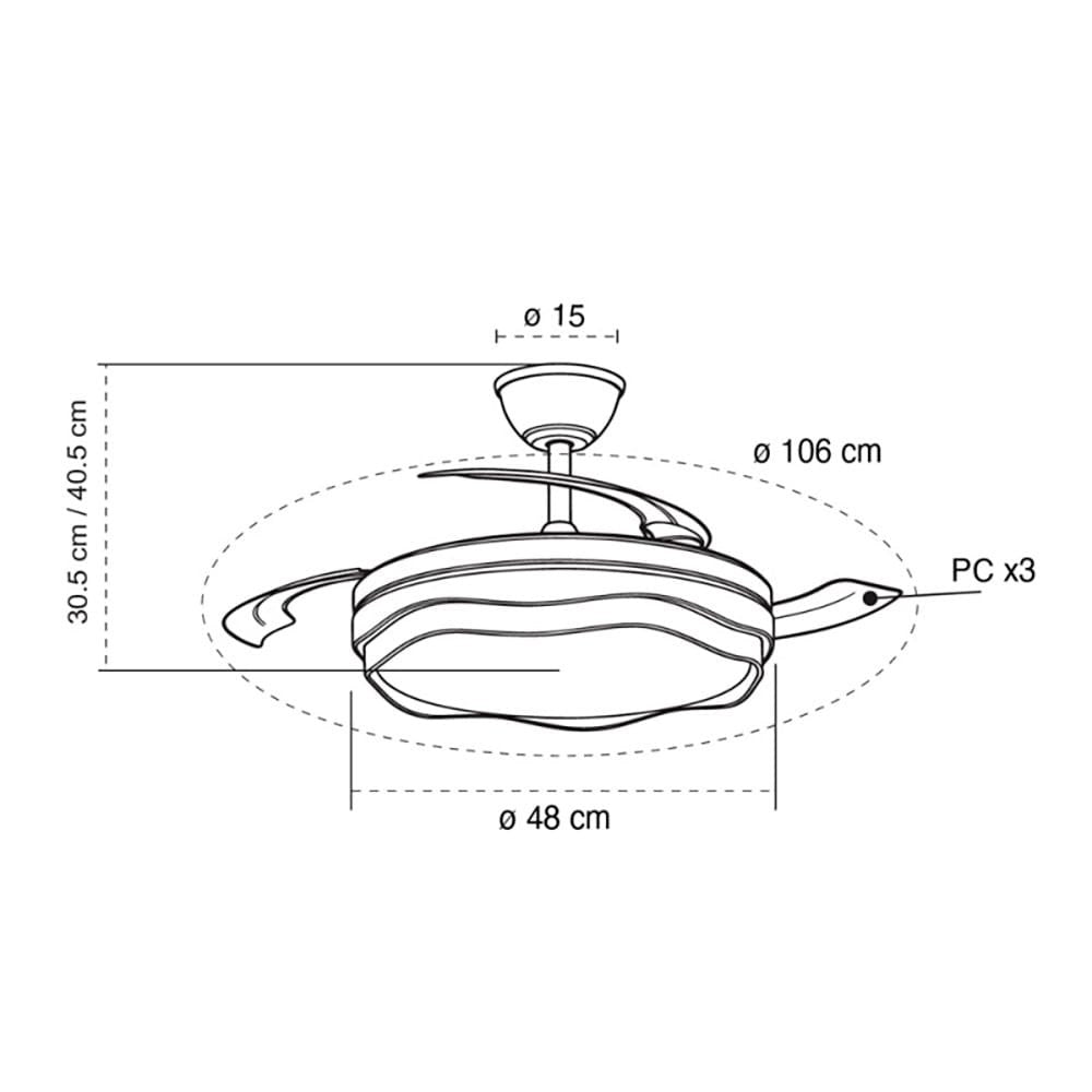 Ventilador de techo led cct, 3 aspas retráctiles 60 w, 6600 im, blanco, aspas ø106 cm, plafón ø15 cm, altura 30,5 - 40,5 cm