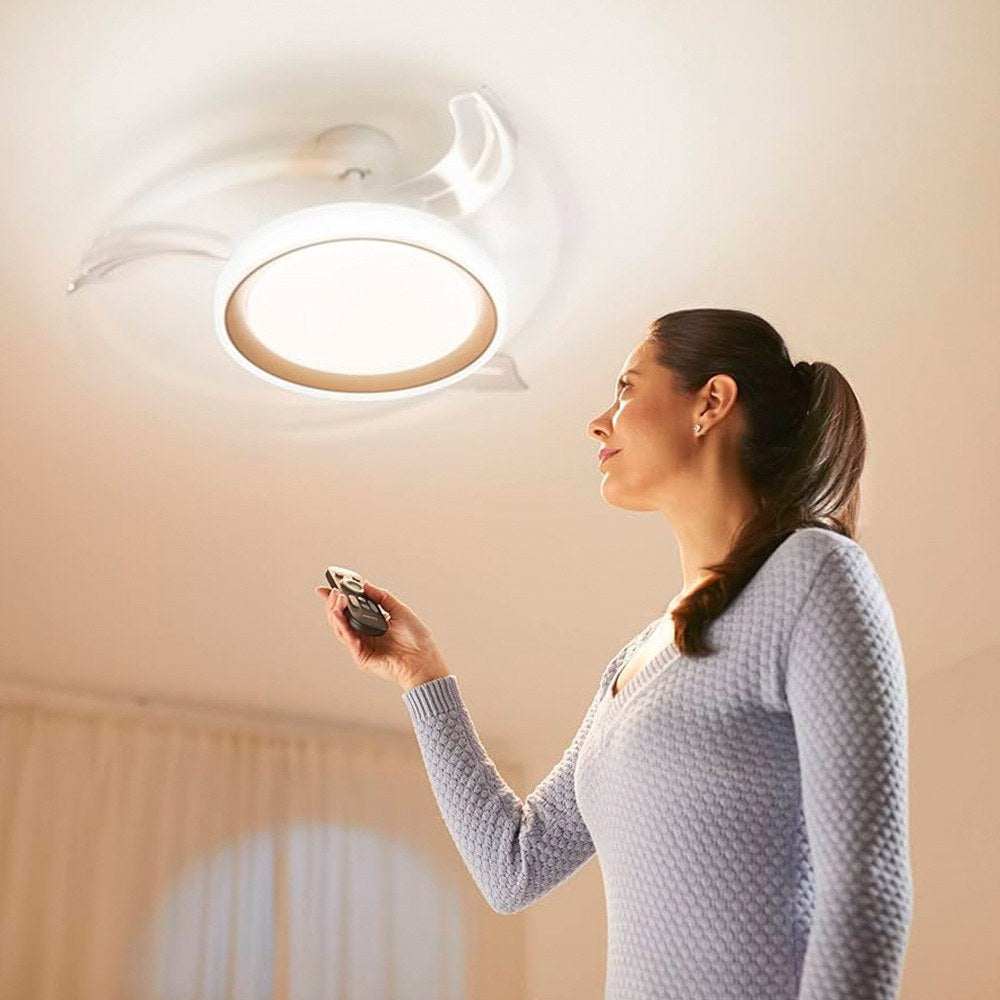 Ventilador de techo con aspas retráctiles, led 3 cct, motor dc 28 w + led 35 w, modelo bliss, blanco / estrellado, ø106 cm