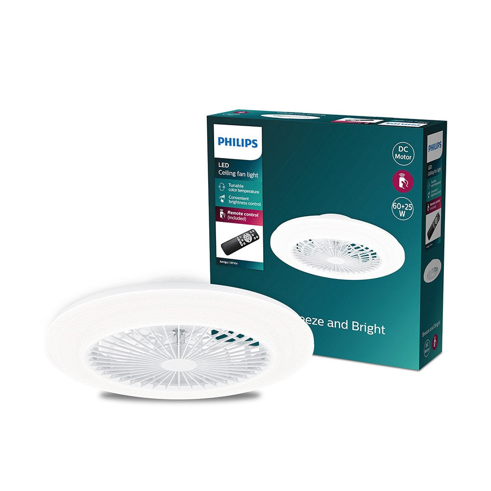 Ventilador de techo, led 3 cct, motor dc 25 w + led 60 w, modelo amigo, blanco con difusor efecto estrellado, ø57,5 cm