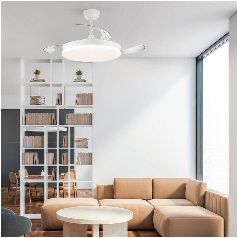 Ventilador de techo, led 3cct, aspas retráctiles, 48 w, 5280 lm, blanco, ø106 cm, plafón ø48 cm, altura 28 - 38 cm